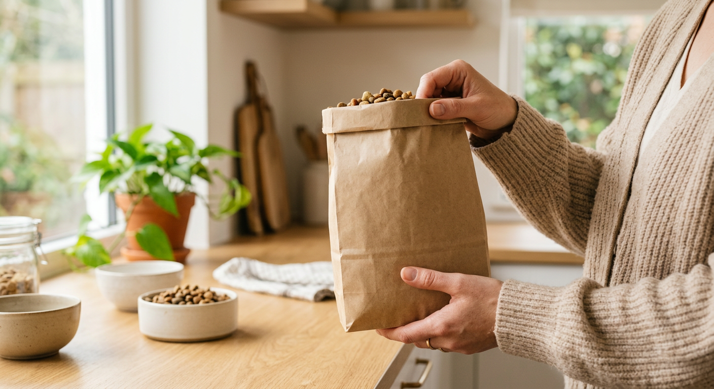Person reading a pet food bag in a kitchen