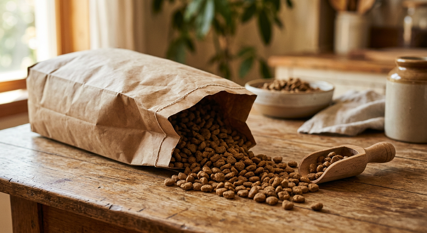 Pet food bag tipped over with dry kibble spilling onto a wooden table