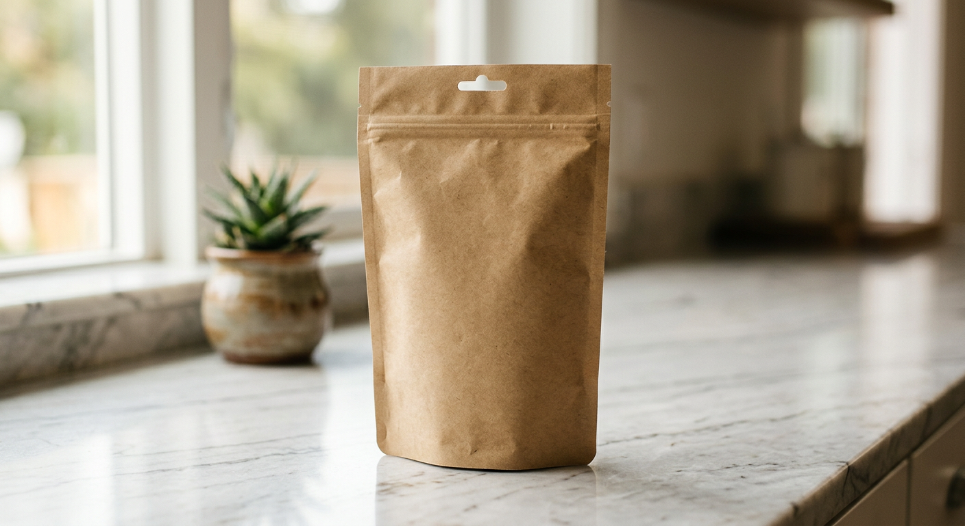 Plain pet food pouch on a marble kitchen counter