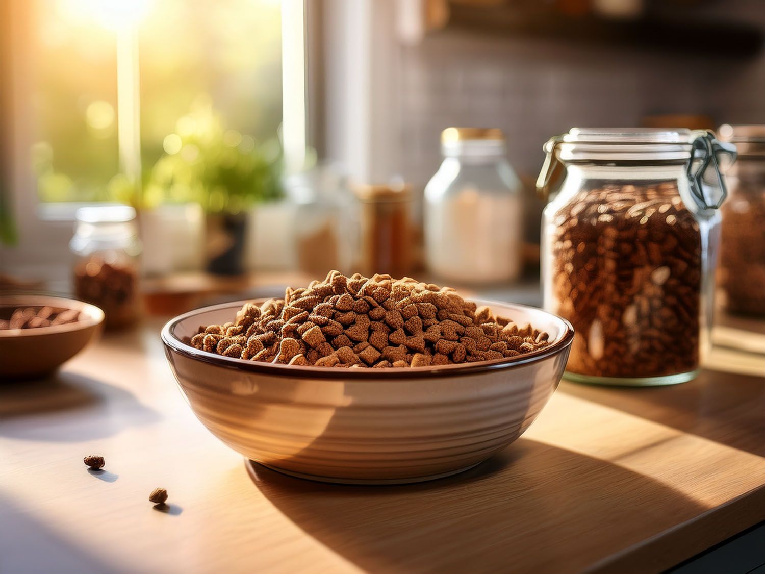 A bowl of dry kibble on a kitchen counter with jars of ingredients behind