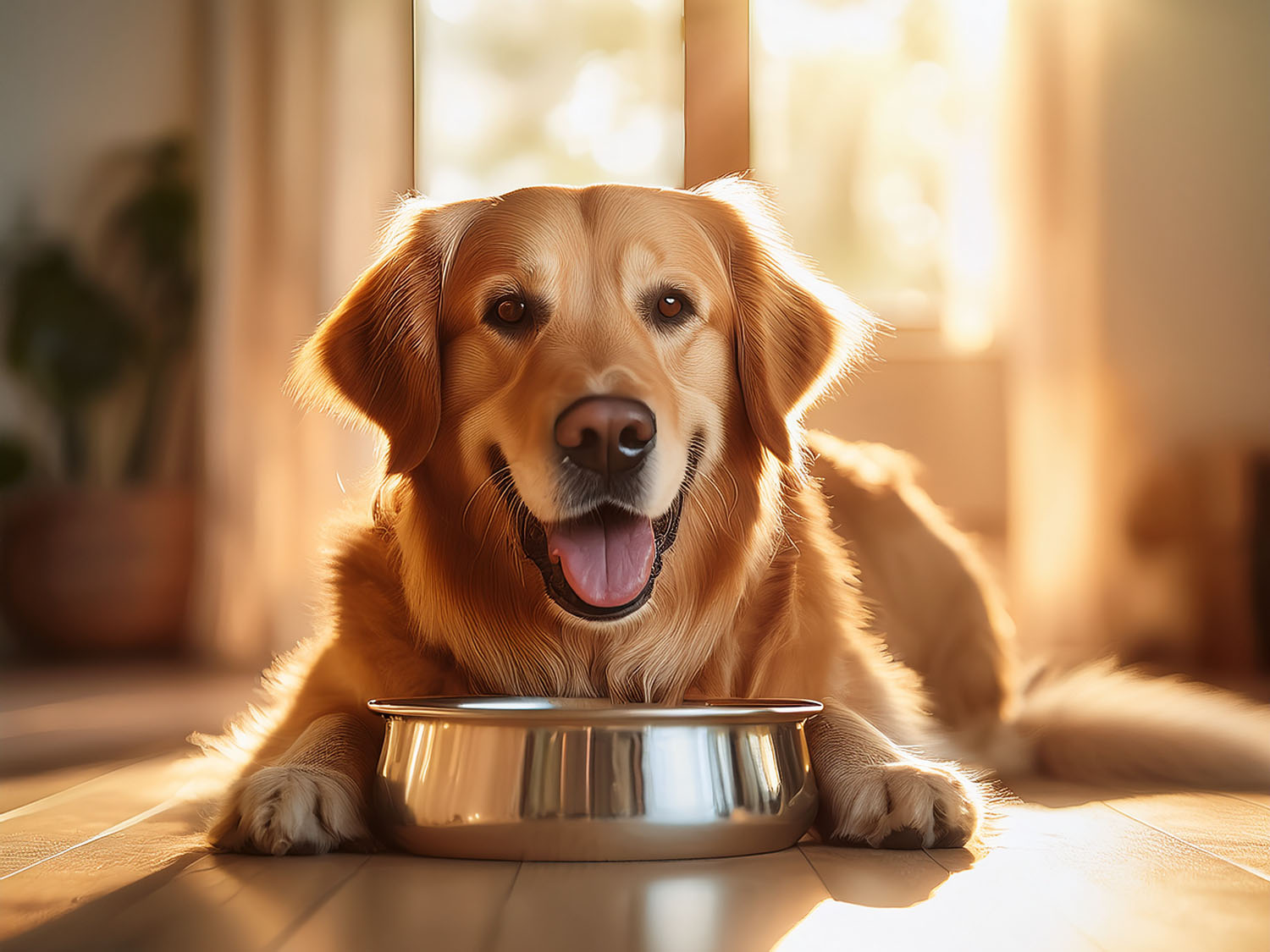 A golden retriever with a food bowl in a sunlit home