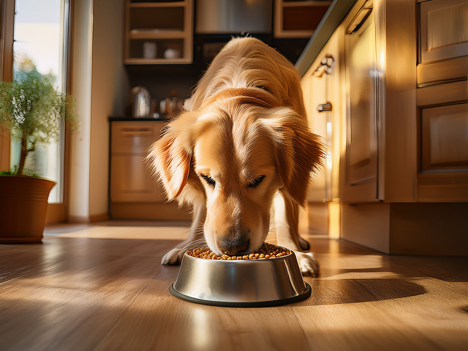 A golden retriever eating from a bowl in a bright kitchen