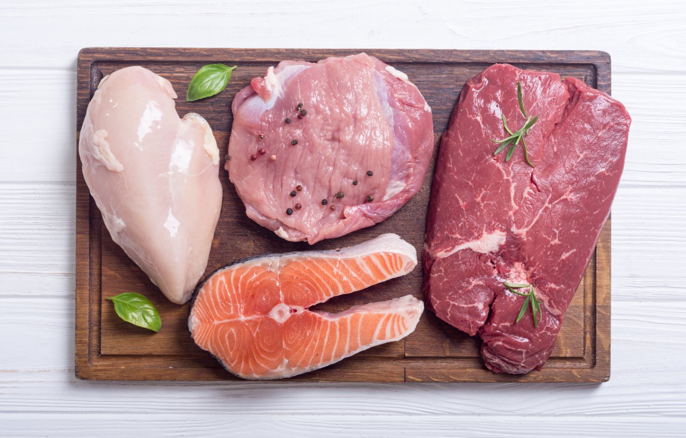 Fresh salmon, beef, pork and chicken protein sources